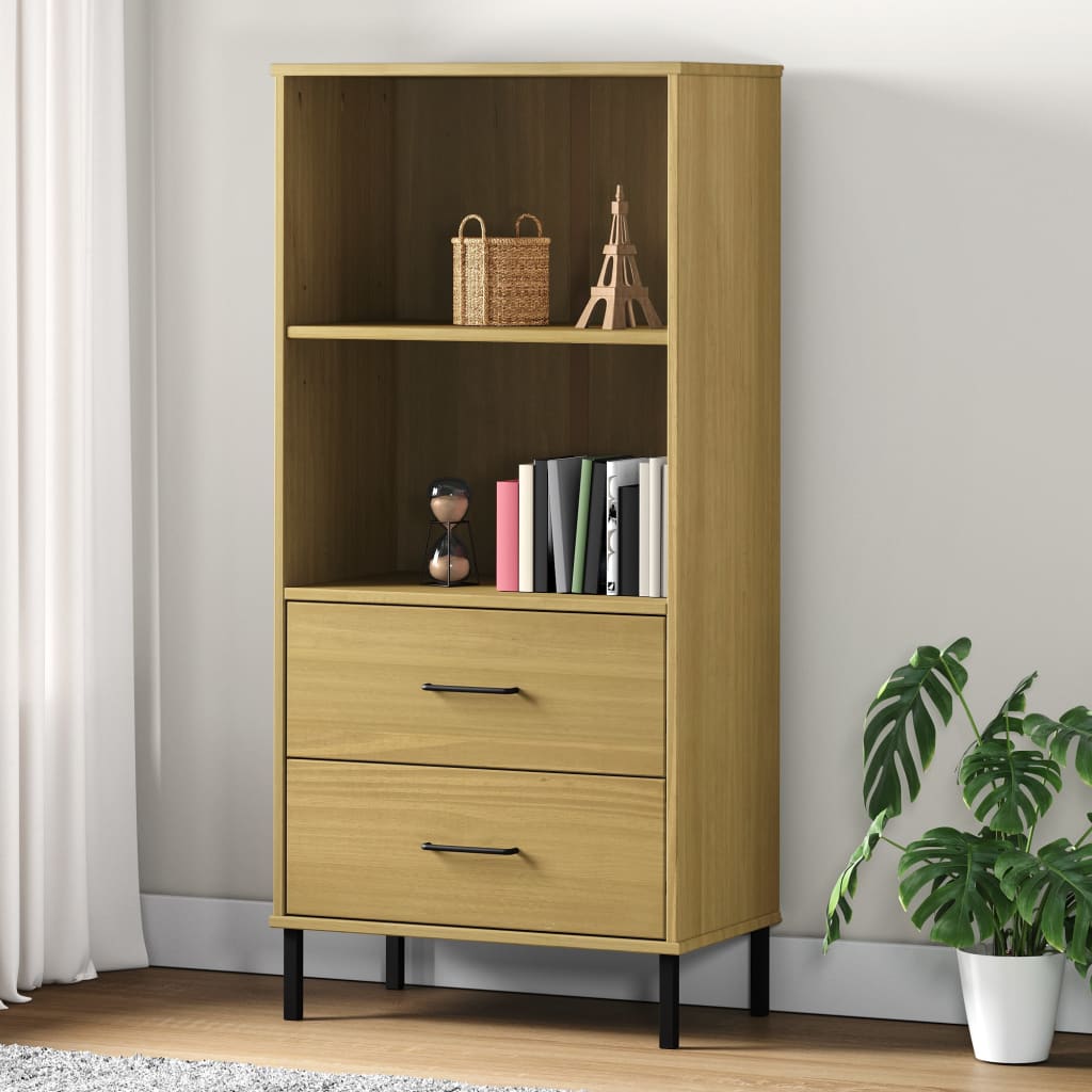 Bogreol med 2 skuffer OSLO - 60×35×128,5 cm - massivt fyrretræ, brun