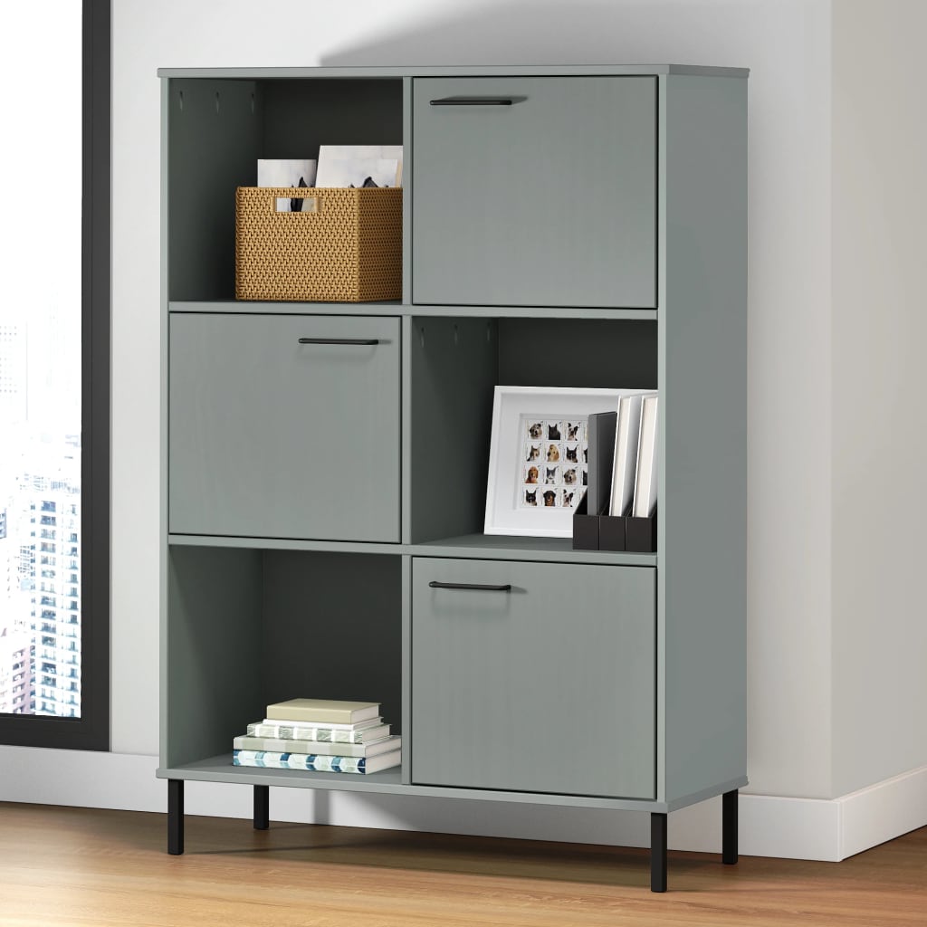 Bogskab med metalben OSLO - 90×35×128,5 cm - massivt træ, grå
