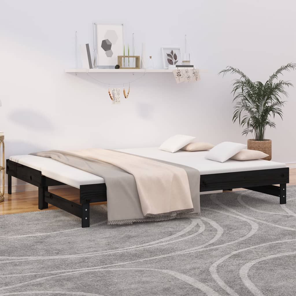 daybed med udtræk 2x(100x200) cm massivt fyrretræ sort billede