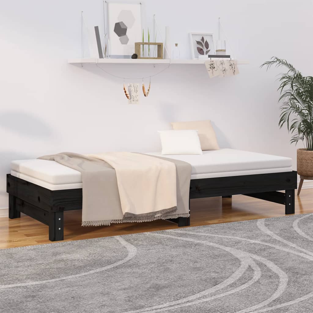 daybed med udtræk 2x(90x200) cm massivt fyrretræ sort