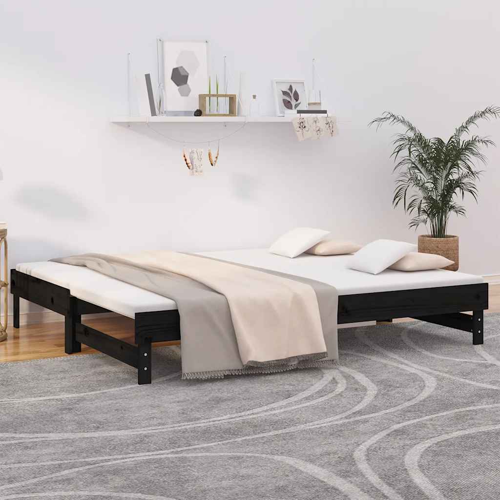 daybed med udtræk 2x(80x200) cm massivt fyrretræ sort billede