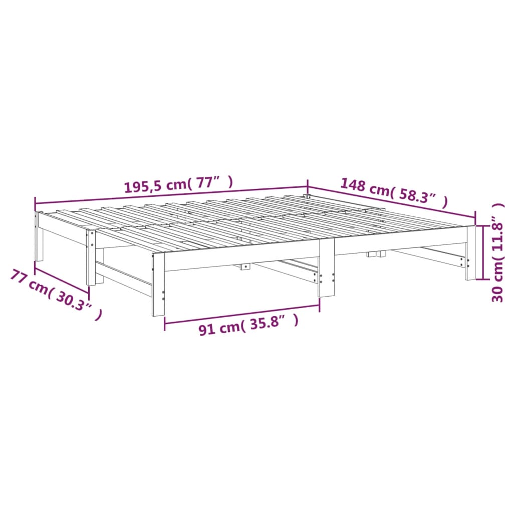 daybed med udtræk 2x(75x190) cm massivt fyrretræ