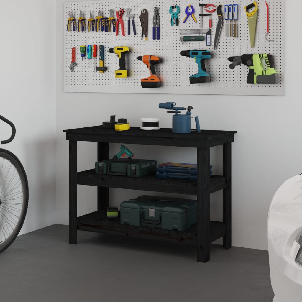 arbejdsbord 110,5x50x80 cm massivt fyrretræ sort billede