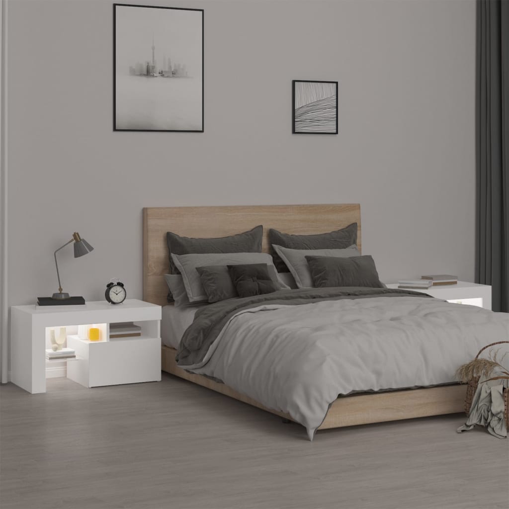 sengeborde 2 stk. med LED-lys 70x36,5x40 cm hvid