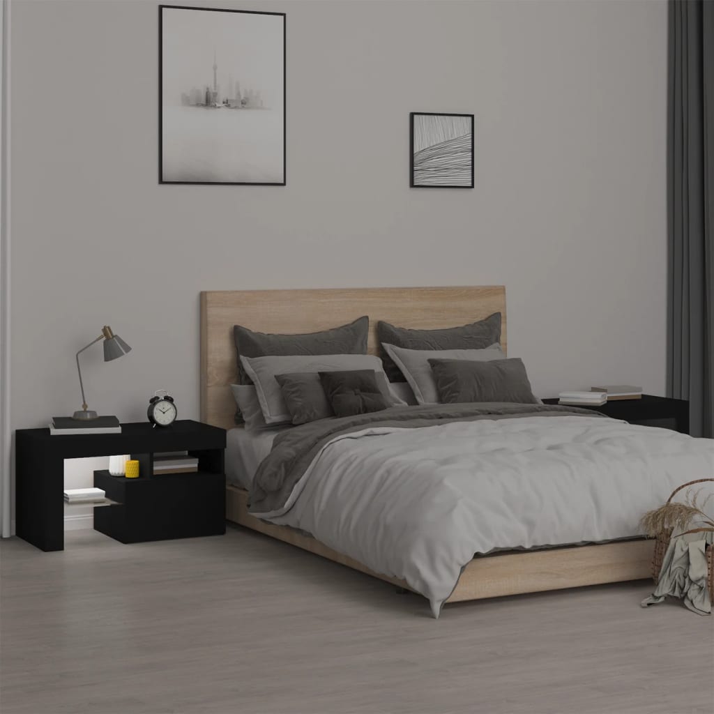 sengeborde 2 stk. med LED-lys 70x36,5x40 cm sort