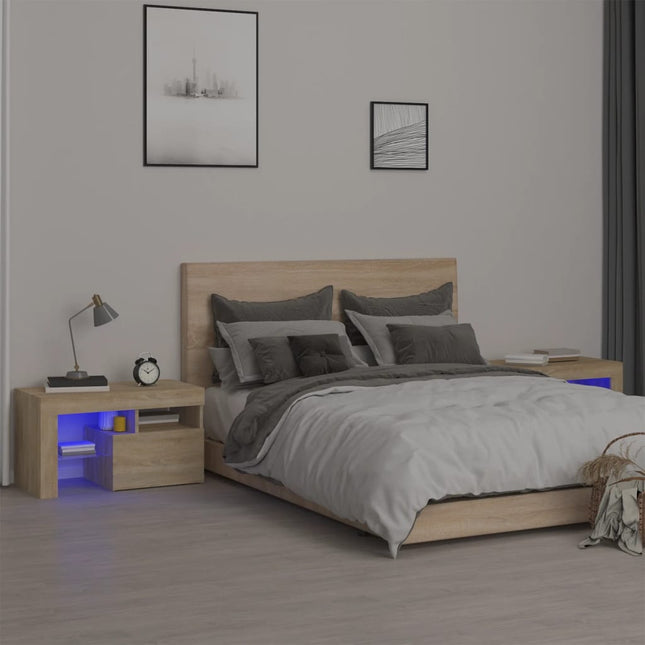 sengeborde 2 stk. med LED-lys 70x36,5x40 cm sonoma-eg