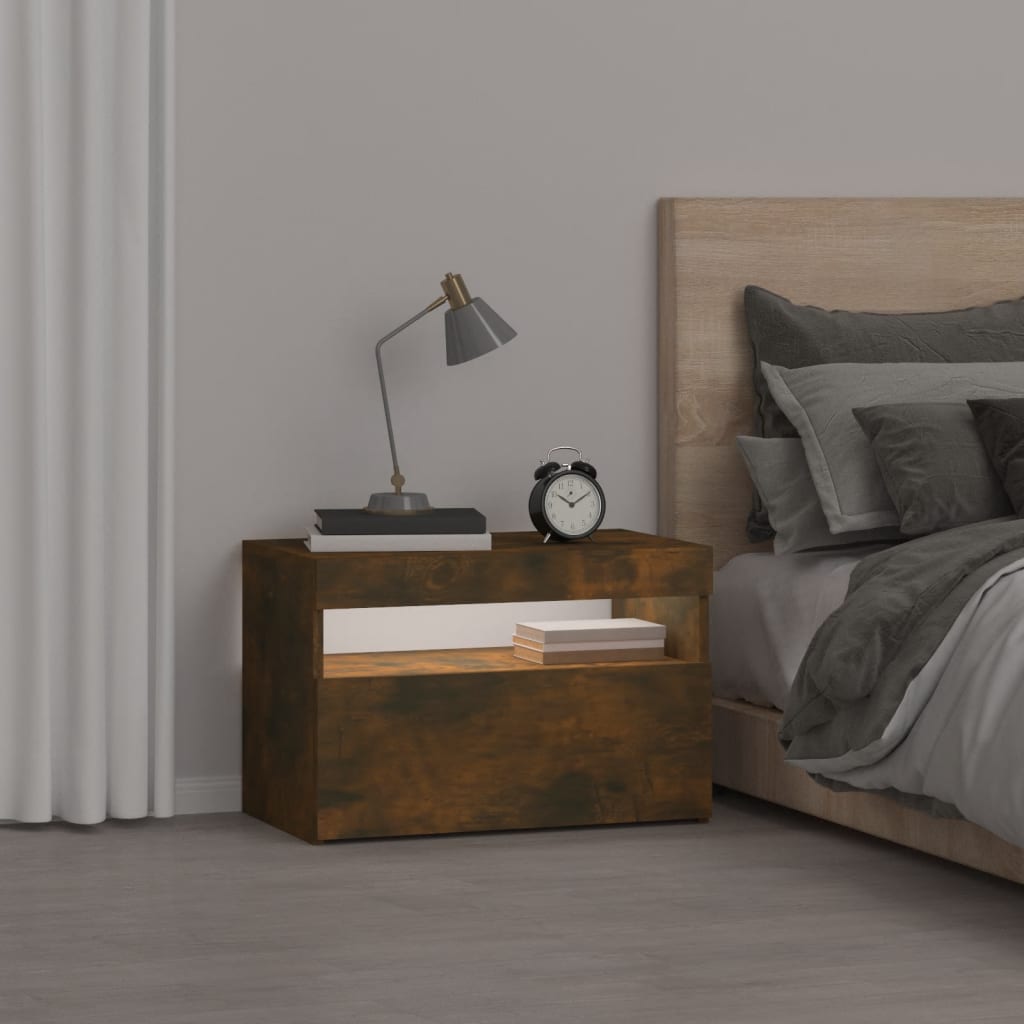 sengebord med LED-lys 60x35x40 cm røget egetræsfarve