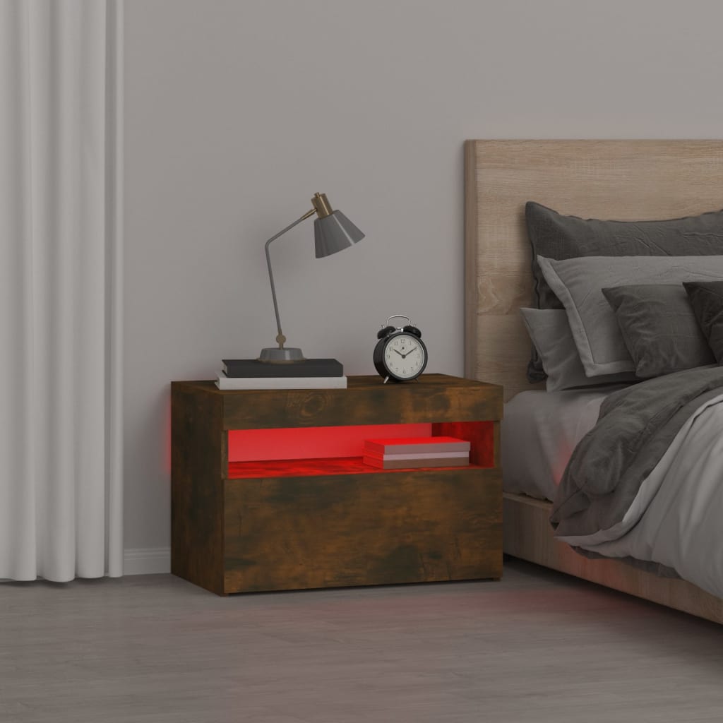sengebord med LED-lys 60x35x40 cm røget egetræsfarve