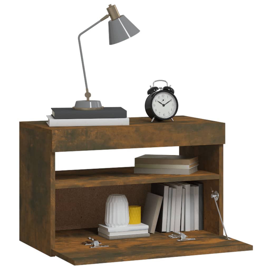 sengebord med LED-lys 60x35x40 cm røget egetræsfarve