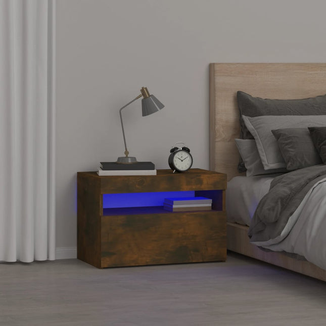 sengebord med LED-lys 60x35x40 cm røget egetræsfarve