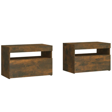 sengeborde 2 stk. med LED-lys 60x35x40 cm røget egetræsfarve