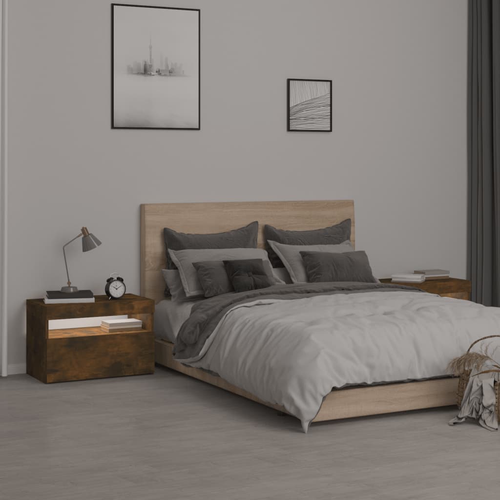sengeborde 2 stk. med LED-lys 60x35x40 cm røget egetræsfarve