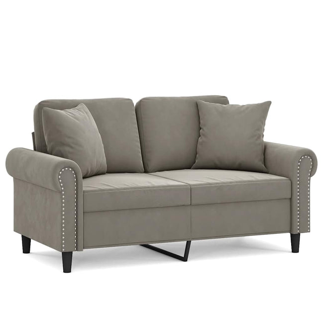 2-personers sofa med puder og hynder 120 cm velour lysegrå