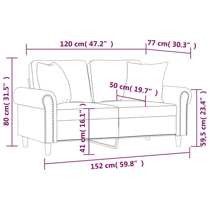 2-personers sofa med puder og hynder 120 cm velour lysegrå