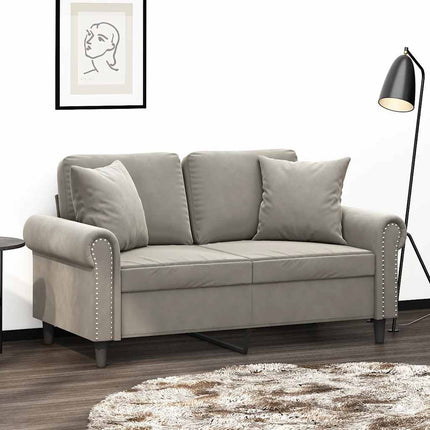 2-personers sofa med puder og hynder 120 cm velour lysegrå