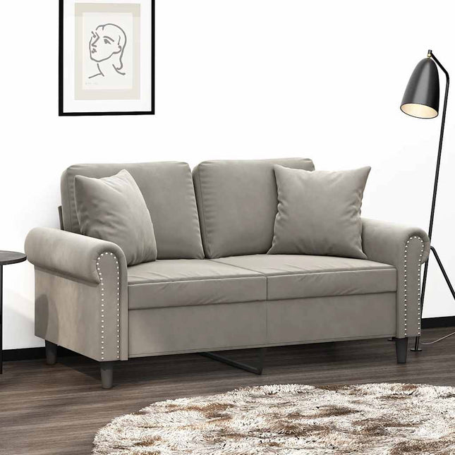 2-personers sofa med puder og hynder 120 cm velour lysegrå