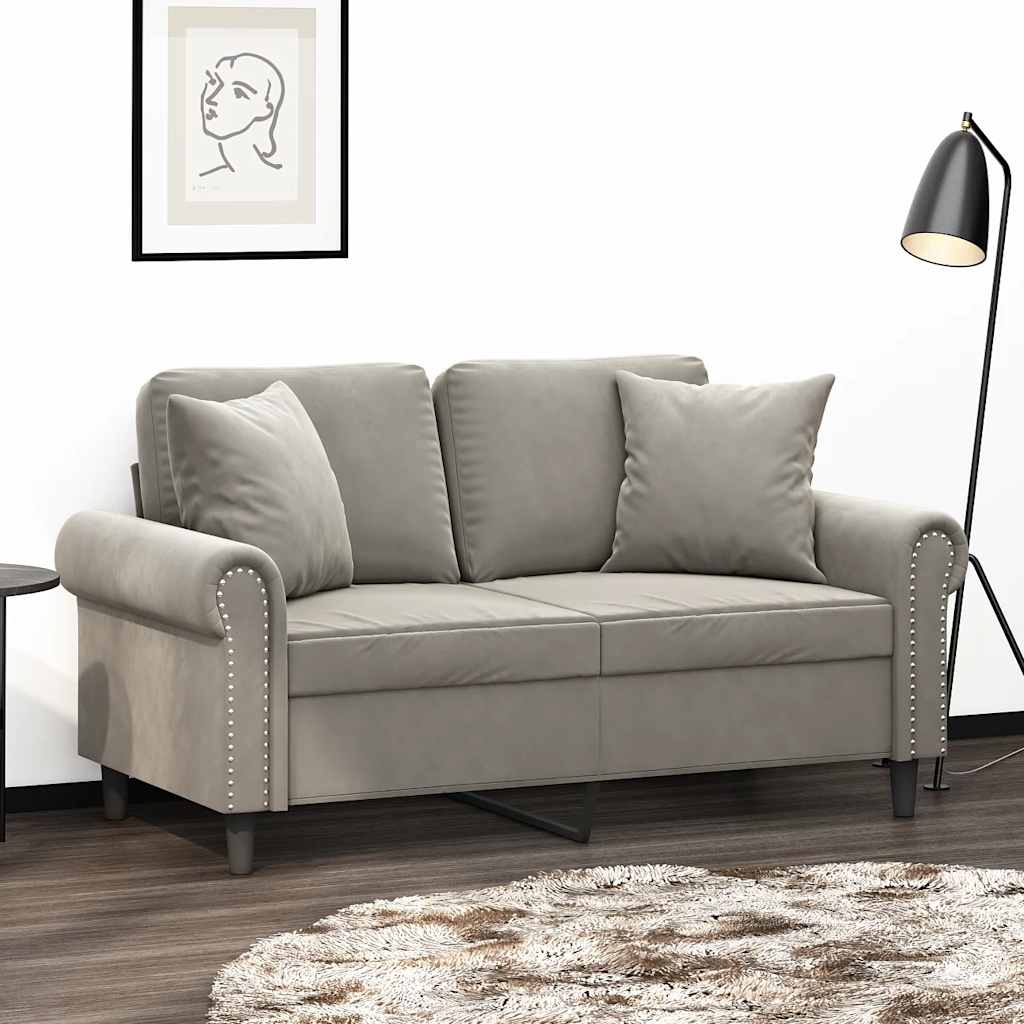 2-personers sofa med puder og hynder 120 cm velour lysegrå billede