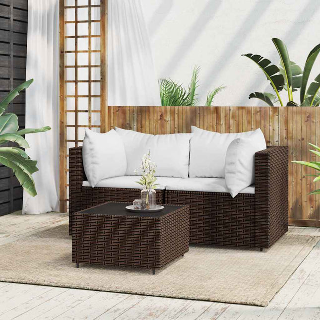 loungesæt til haven 3 dele med hynder polyrattan brun