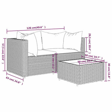 loungesæt til haven 3 dele med hynder polyrattan sort