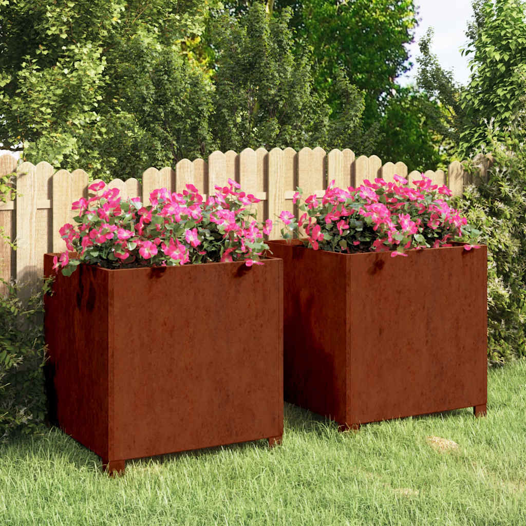 plantekasser med ben 2 stk. 50x50x50 cm cortenstål rustfarvet