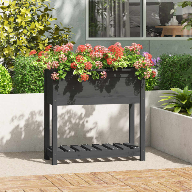 plantekasse med hylde 82,5x34,5x81 cm massivt fyrretræ grå