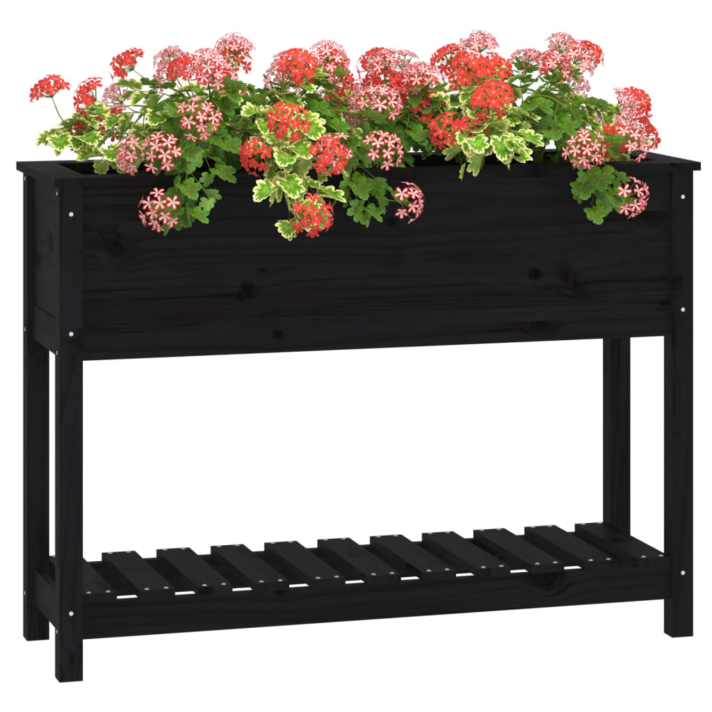 plantekasse med hylde 111,5x34,5x81 cm massivt fyrretræ sort