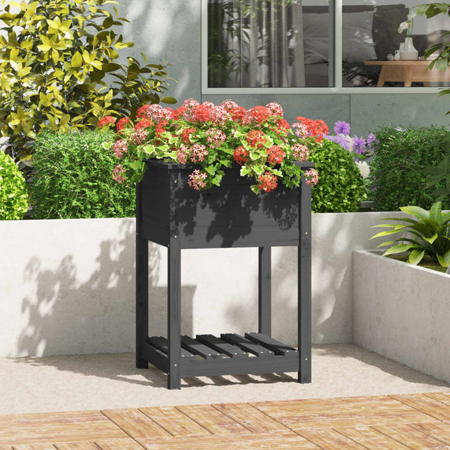 plantekasse med hylde 54x54x81 cm massivt fyrretræ grå