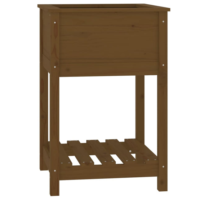 plantekasse med hylde 54x54x81 cm massivt fyrretræ gyldenbrun
