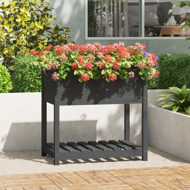 plantekasse med hylde 82,5x54x81 cm massivt fyrretræ grå