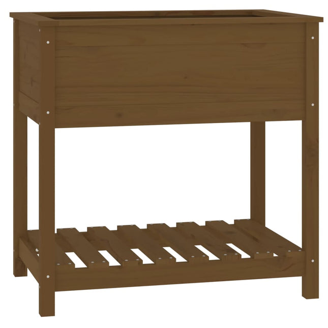 plantekasse med hylde 82,5x54x81 cm massivt fyrretræ gyldenbrun