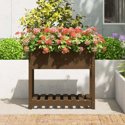 plantekasse med hylde 82,5x54x81 cm massivt fyrretræ gyldenbrun