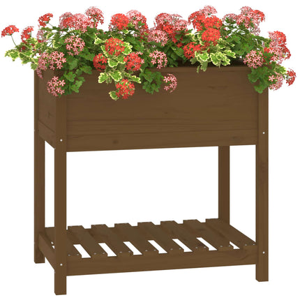 plantekasse med hylde 82,5x54x81 cm massivt fyrretræ gyldenbrun