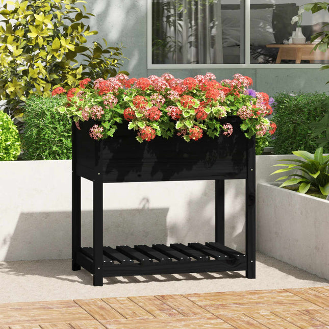 plantekasse med hylde 82,5x54x81 cm massivt fyrretræ sort
