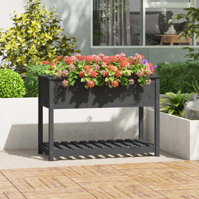 plantekasse med hylde 111,5x54x81 cm massivt fyrretræ grå