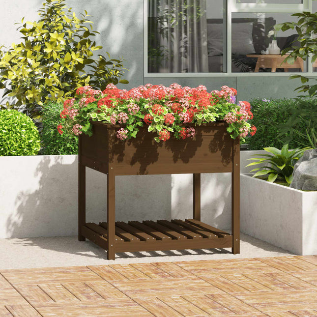 plantekasse med hylde82,5x82,5x81cm massivt fyrretræ gyldenbrun