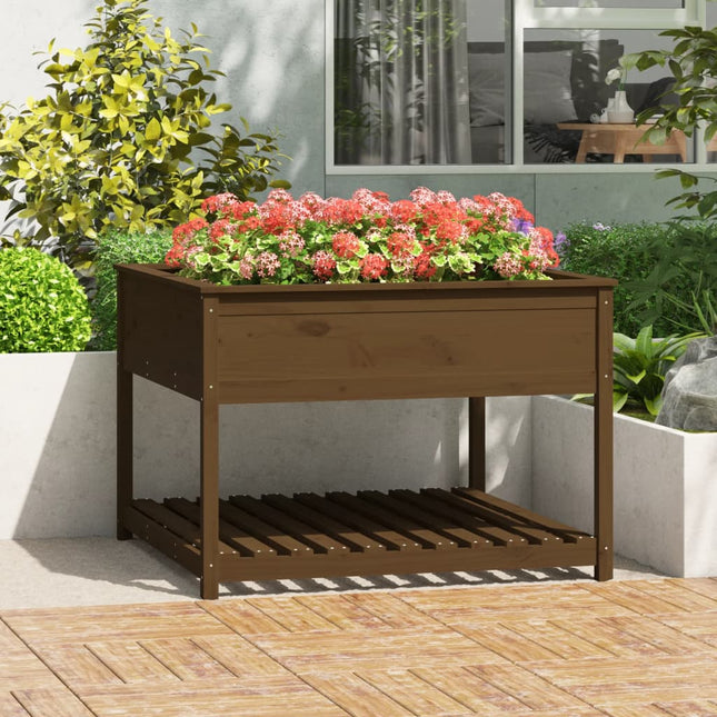 plantekasse med hylde 111,5x111,5x81 cm massivt fyrretræ brun
