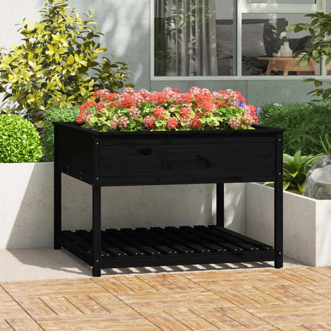 plantekasse med hylde 111,5x111,5x81 cm massivt fyrretræ sort