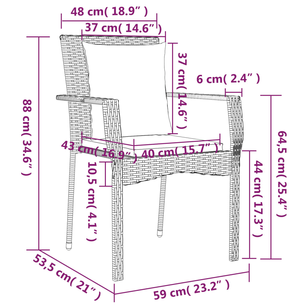 havestole med hynder 2 stk. polyrattan sort