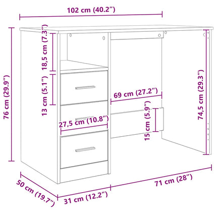 skrivebord m. skuffer 102x50x76 cm konstrueret træ sonoma-eg
