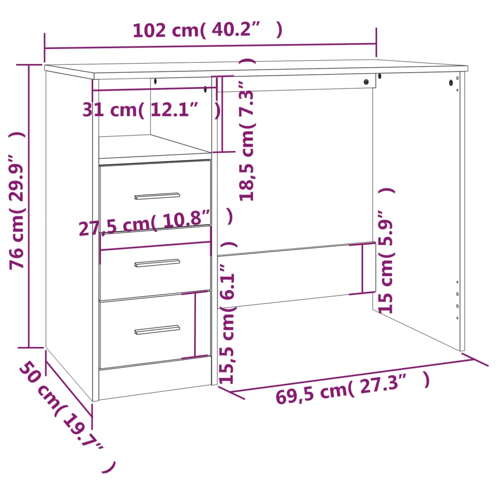 skrivebord m. skuffer 102x50x76 cm konstrueret træ betongrå