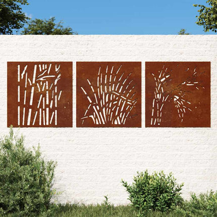 udendørs vægdekoration 3 dele 55x55 cm græsdesign cortenstål