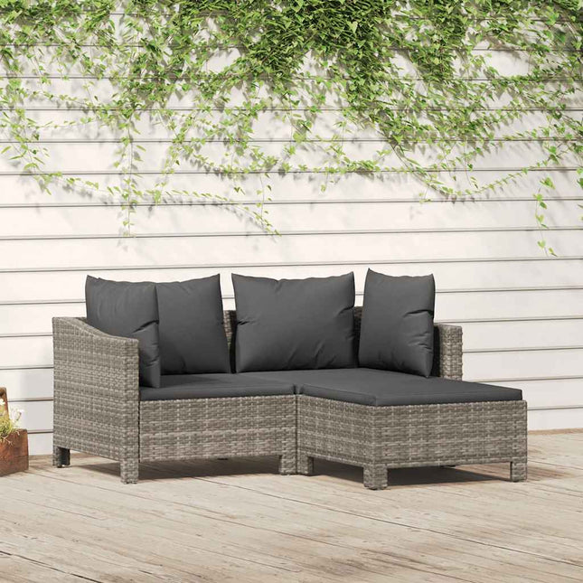 loungesæt til haven 3 dele med hynder polyrattan grå