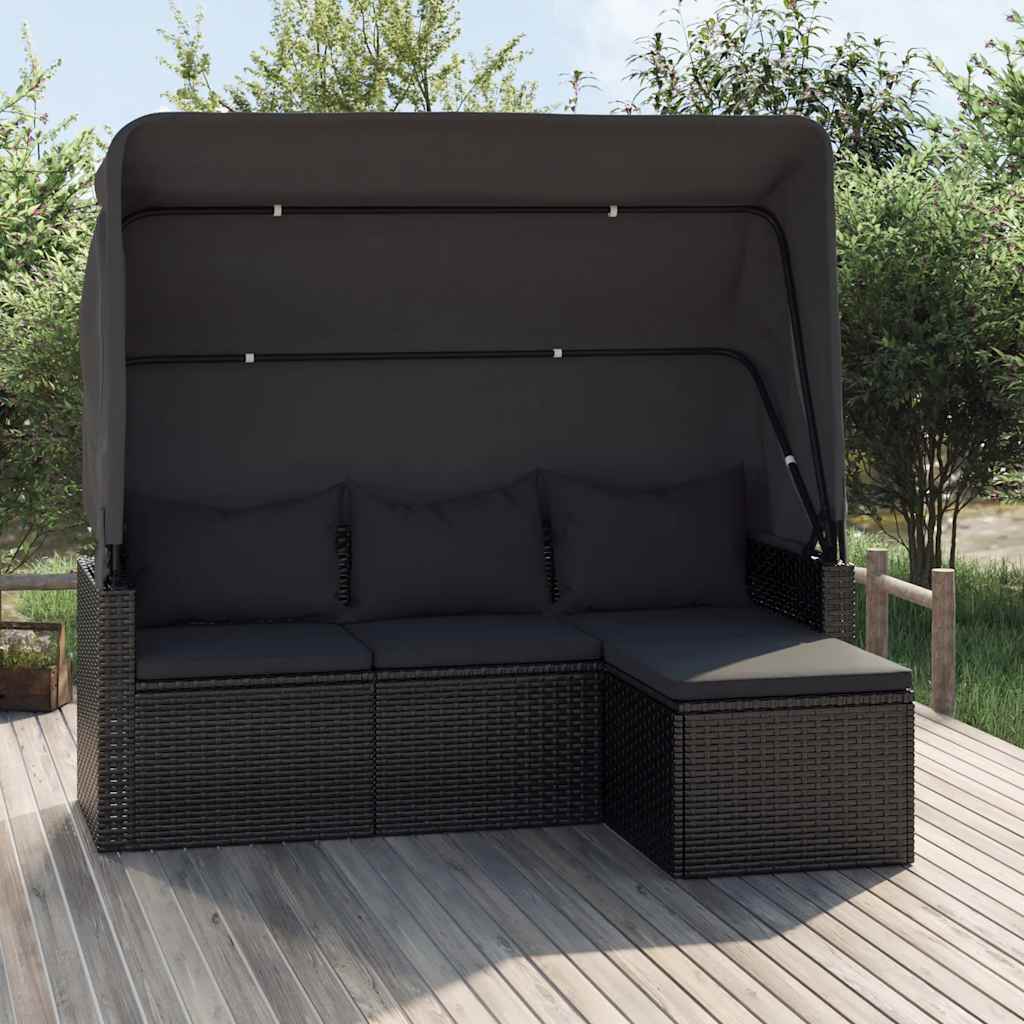 3-personers havesofa med tag og fodskammel i polyrattan - sort