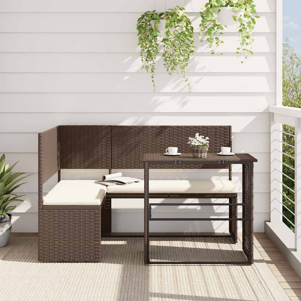 havesofa med bord og hynder L-formet polyrattan brun