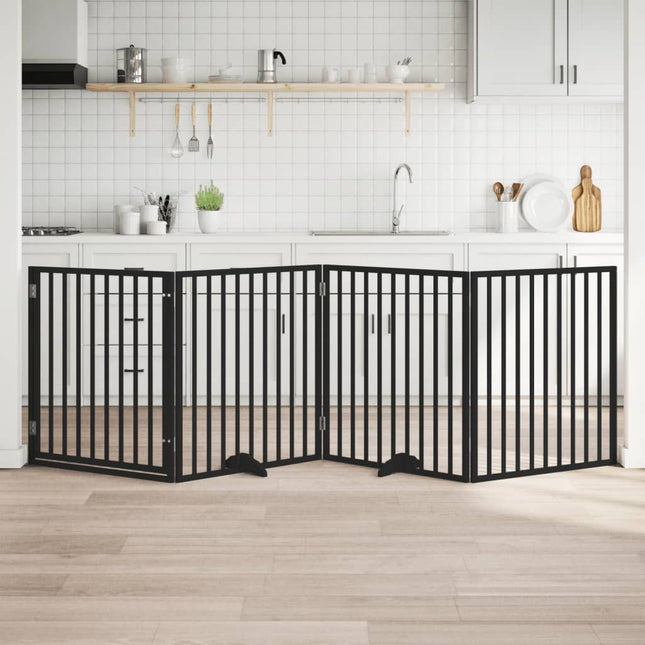 hundelåge med dør 4 paneler 300 cm foldbar poppeltræ sort