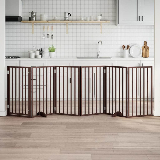 hundegitter med dør foldbar 6 paneler brun 300 cm poppeltræ