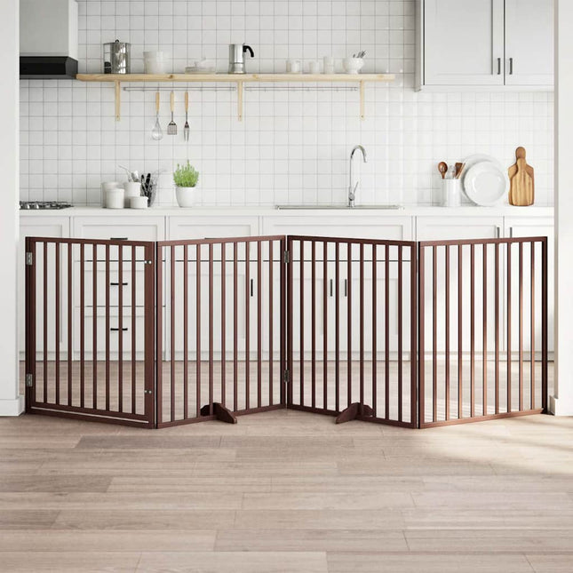 hundegitter med dør foldbar 4 paneler brun 320 cm poppeltræ