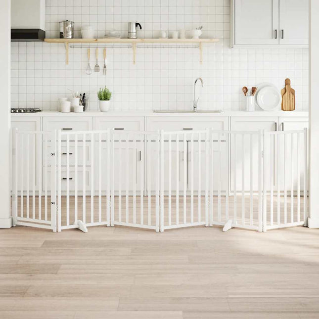 hundelåge m. dør 6 paneler 300 cm foldbar massivt gran hvid