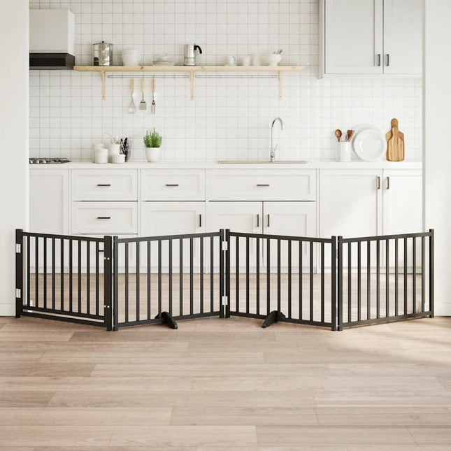 hundelåge m. dør 4 paneler 320 cm foldbar massivt gran sort