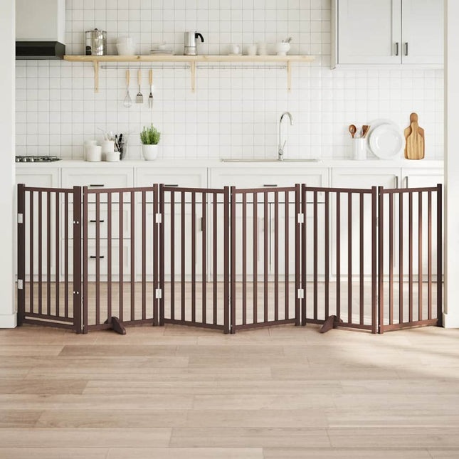 hundelåge m. dør 6 paneler 300 cm foldbar massivt gran brunt eg